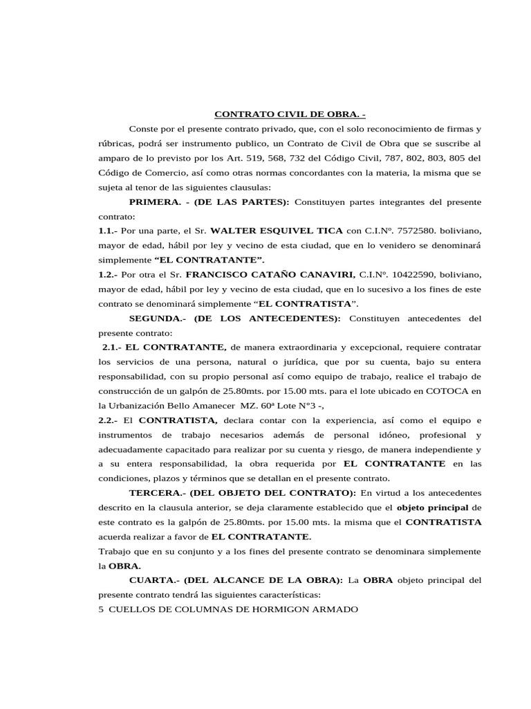 Contrato Civil de Obra en Bolivia | PDF | Arbitraje | Derecho civil ...