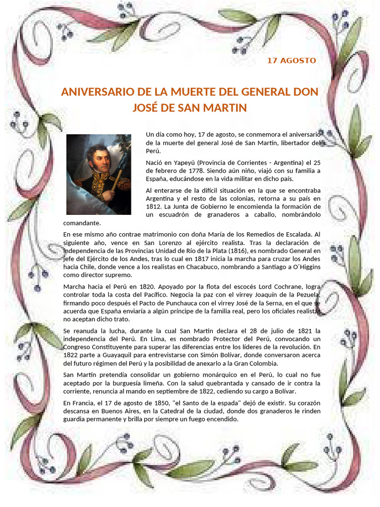 Aniversario de la muerte de San Martín | PDF | América del Sur