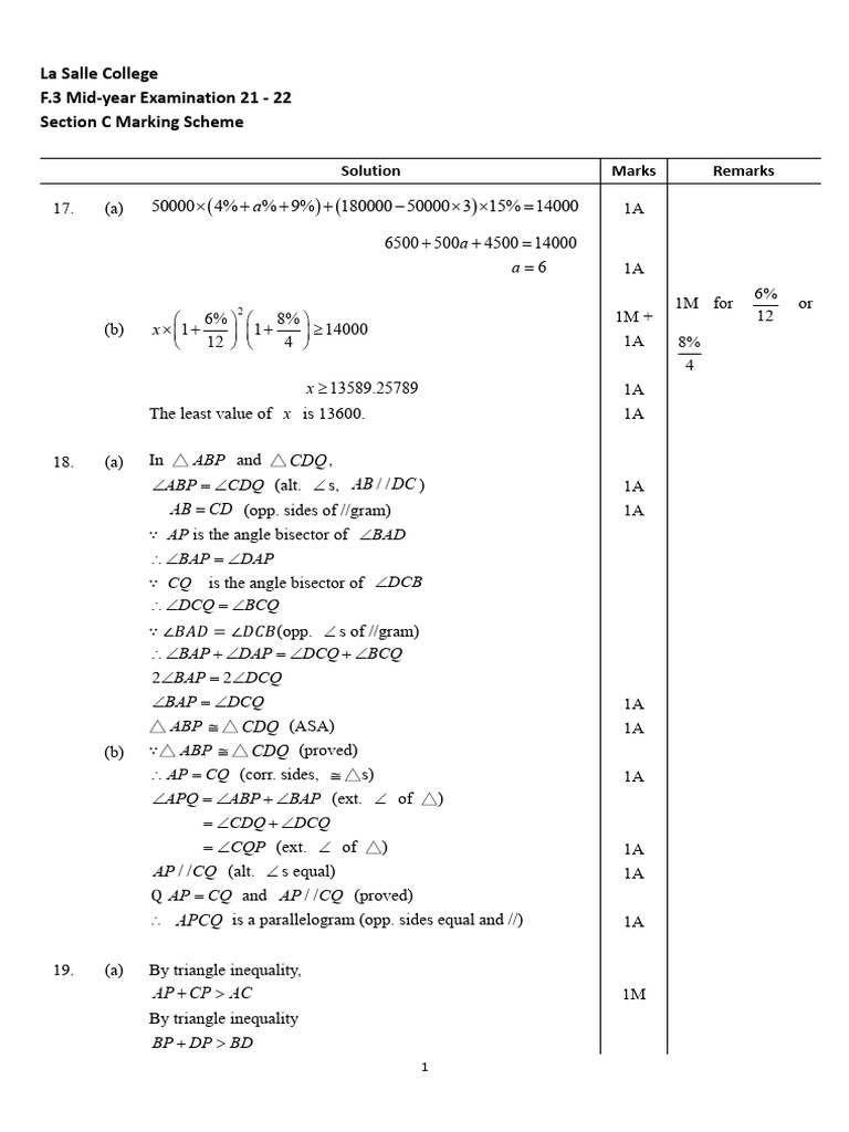 La Salle F.3 Mid-Year Exam Marking Scheme | PDF | Euclidean Plane ...