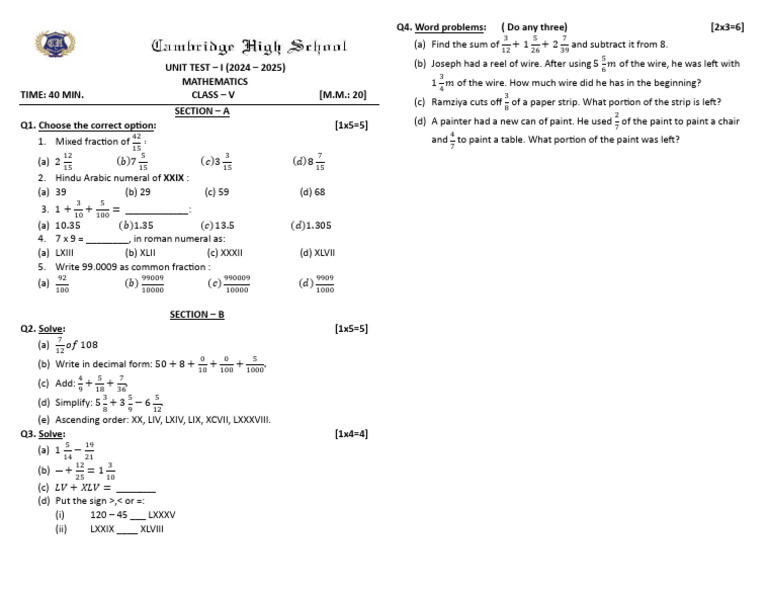 Class V Mathematics Unit Test 2024 | PDF | Division (Mathematics ...