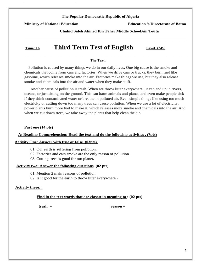 3MS Test OF THE Third TERM - Copie - Copie | PDF | Pollution | Human ...