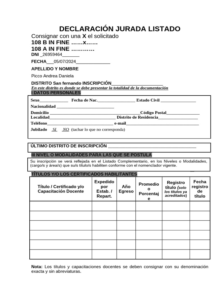 Declaración Jurada de Inscripción Docente | PDF