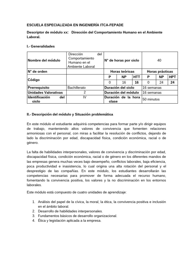 EJEMPLO DE Descriptor de Módulo DCHL Semipresencial | PDF | Evaluación ...