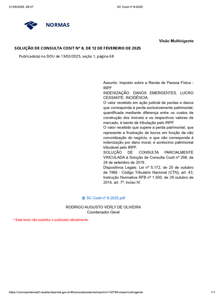 Solução de Consulta Cosit nº 8/2025 | PDF | Indenização