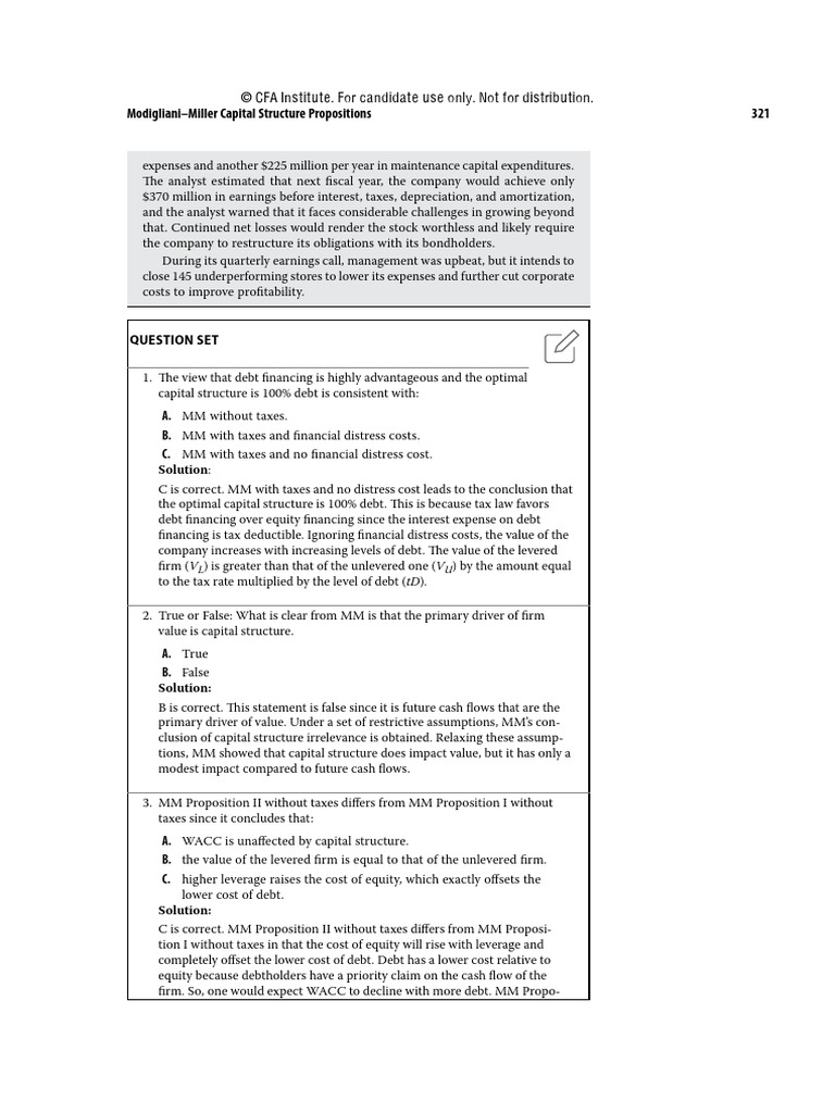 CFA M6 Question Set - Tuần 3 | PDF | Capital Structure | Expense