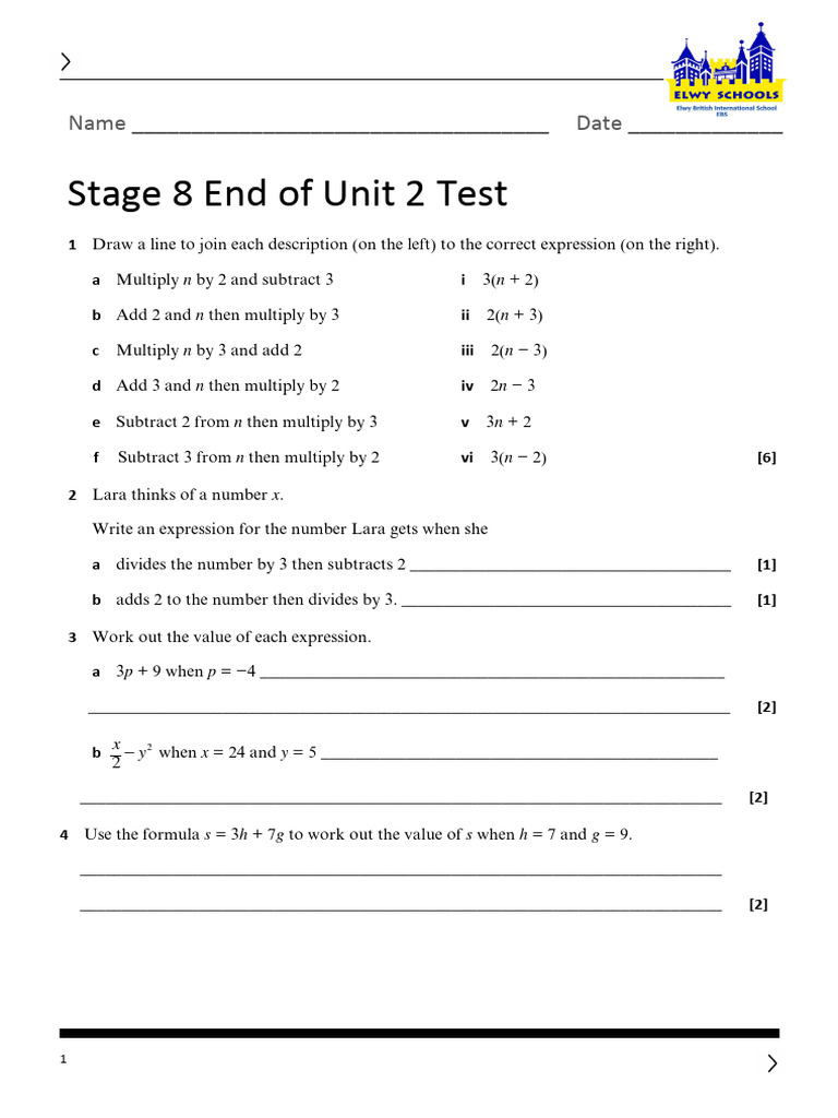 Stage 8 Maths Unit 2 Test | PDF | Mathematics | Mathematical Objects