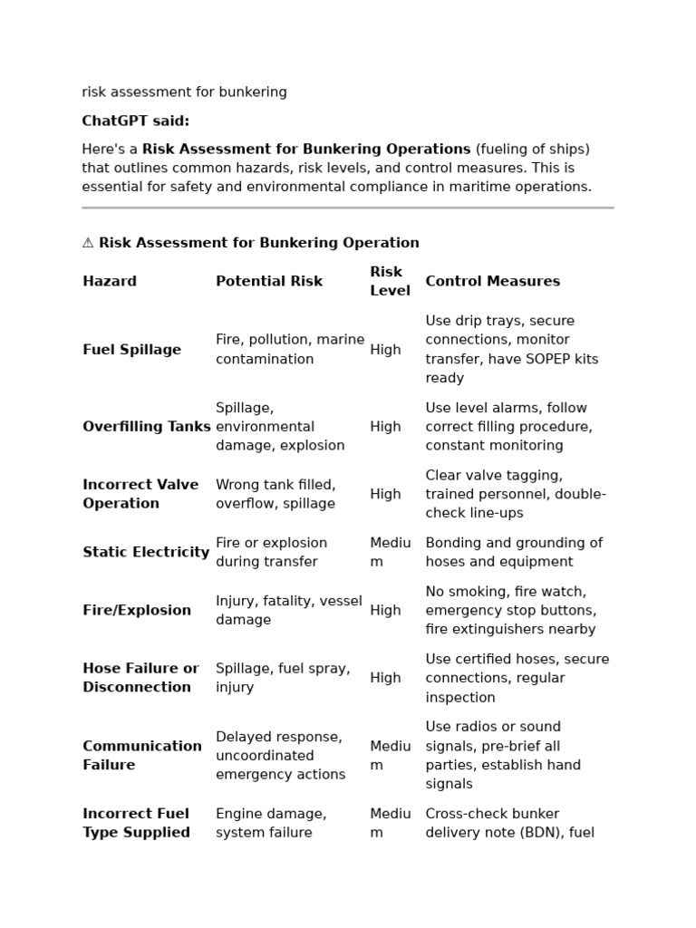 Bunkering Risk Assessment Guide | PDF | Risk Assessment | Hazards