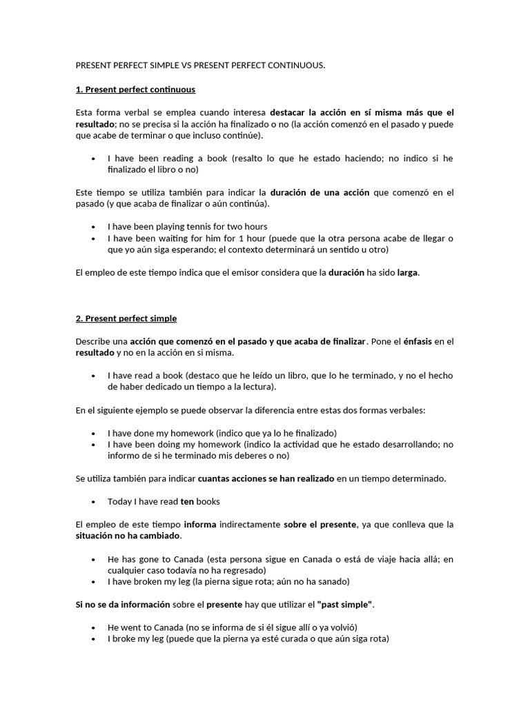 Diferencias entre Present Perfect Simple y Continuous | PDF
