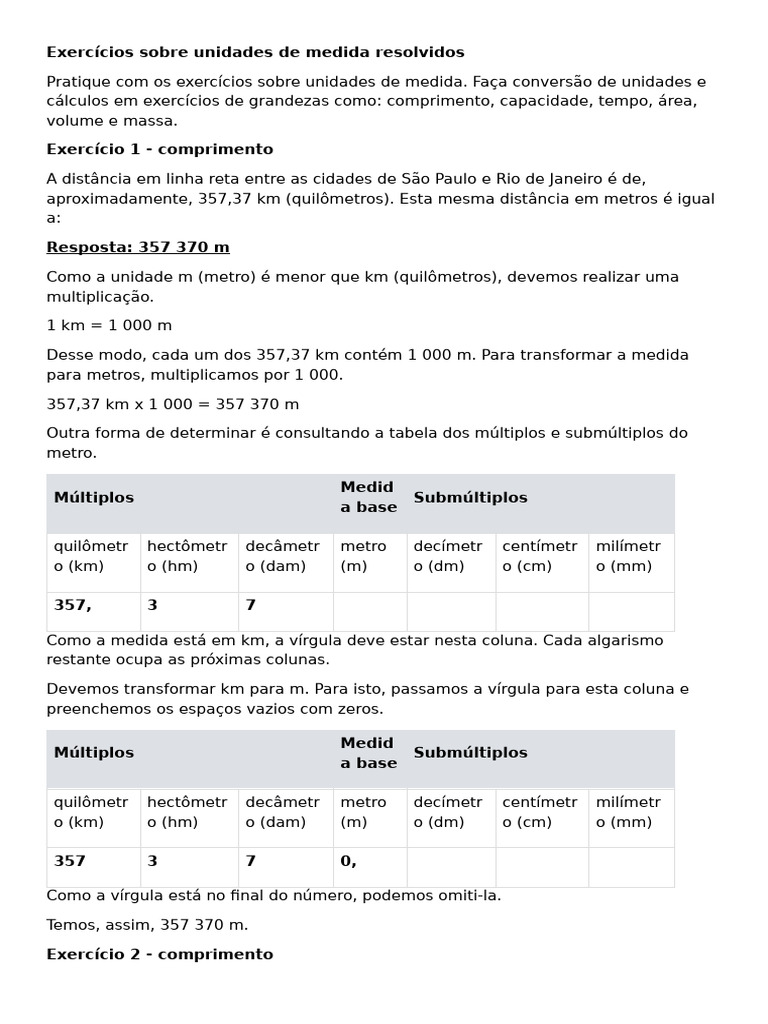 Exercícios de Medidas de Comprimento | PDF | Litro | Quilograma
