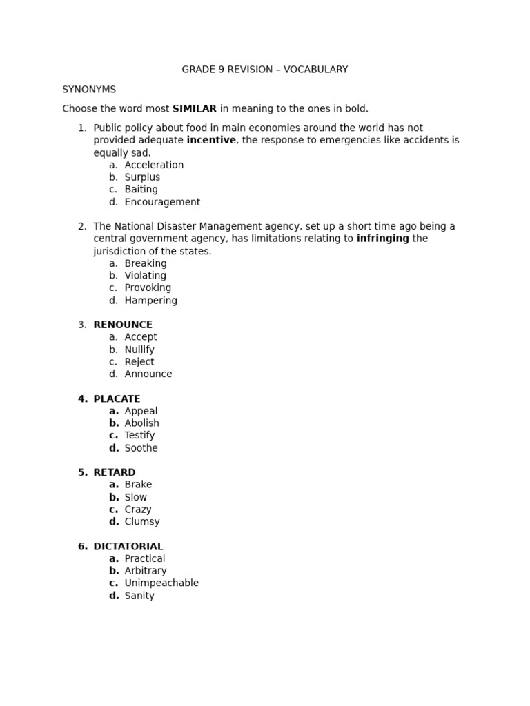 Grade 9 Vocabulary Revision Guide | PDF