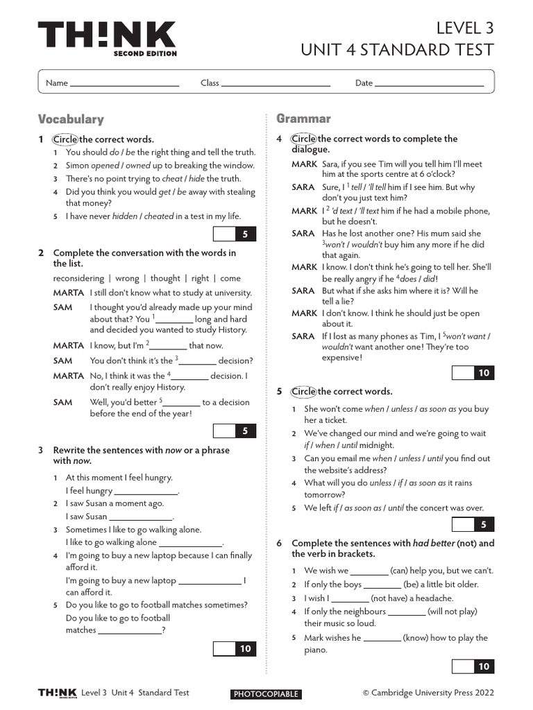 Thk2e BrE L3 Unit Test Standard 4 | PDF