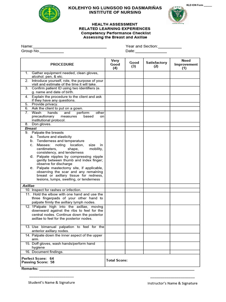 Breast and Axillae Health Assessment Checklist | PDF | Breast Cancer ...