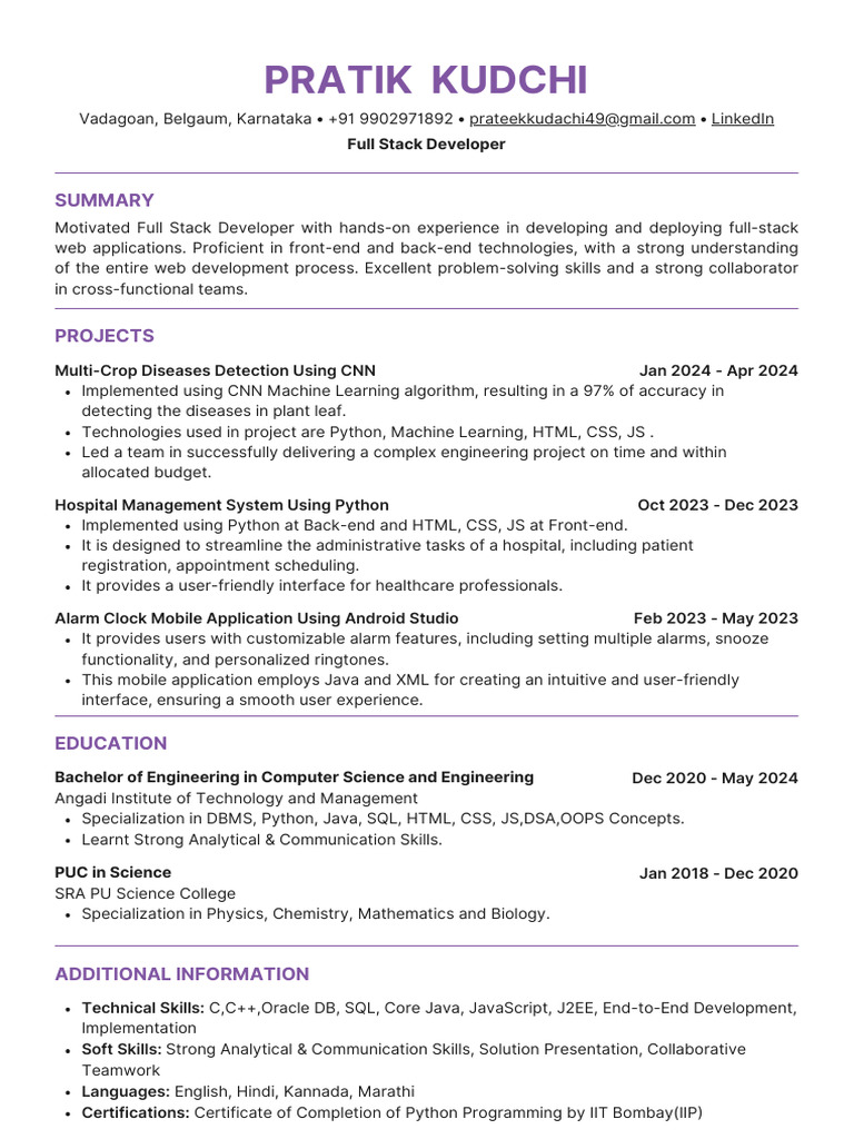 Pratik Kudchi: Full Stack Developer Profile | PDF | Java (Programming ...