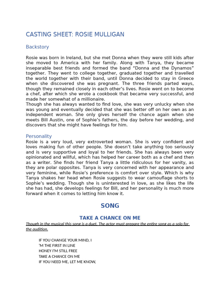 Casting Sheet - Rosie Mulligan | PDF
