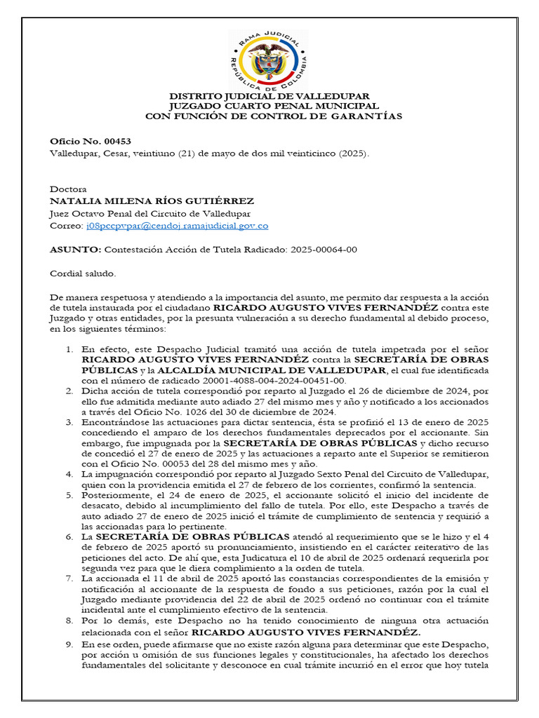 Contestación Tutela 2025-00064-00 | PDF | Debido al proceso | Gobierno