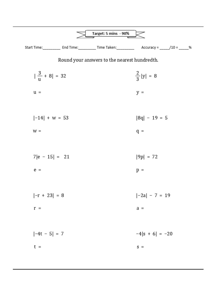 Grade 7 Absolute Value Equations Worksheet | PDF | Equations ...