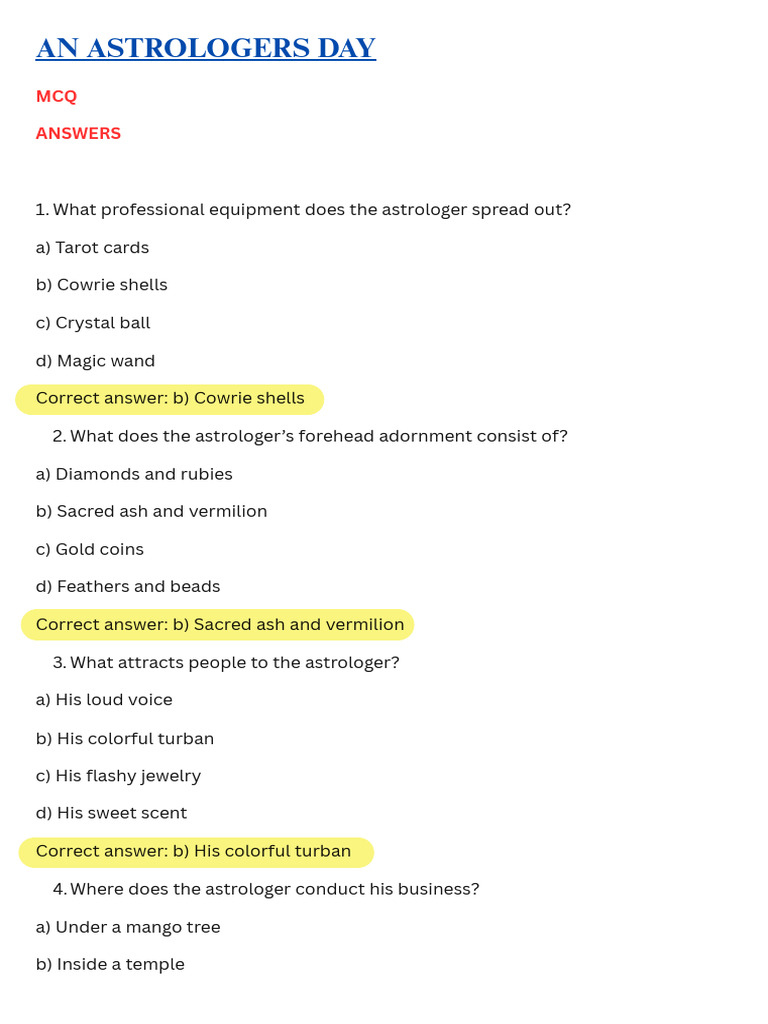 Astrologer's Day MCQ Answers Guide | PDF | Money