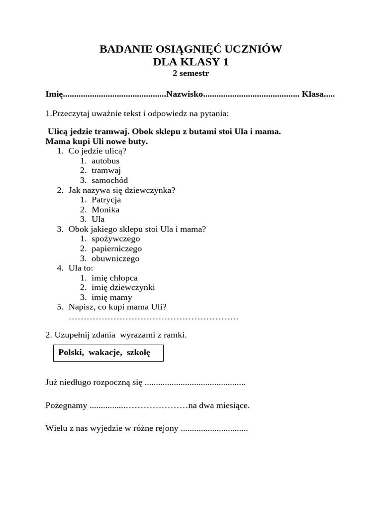 Test Dla Klasy 1, Koniec Roku-Propozycja NR 1 | PDF