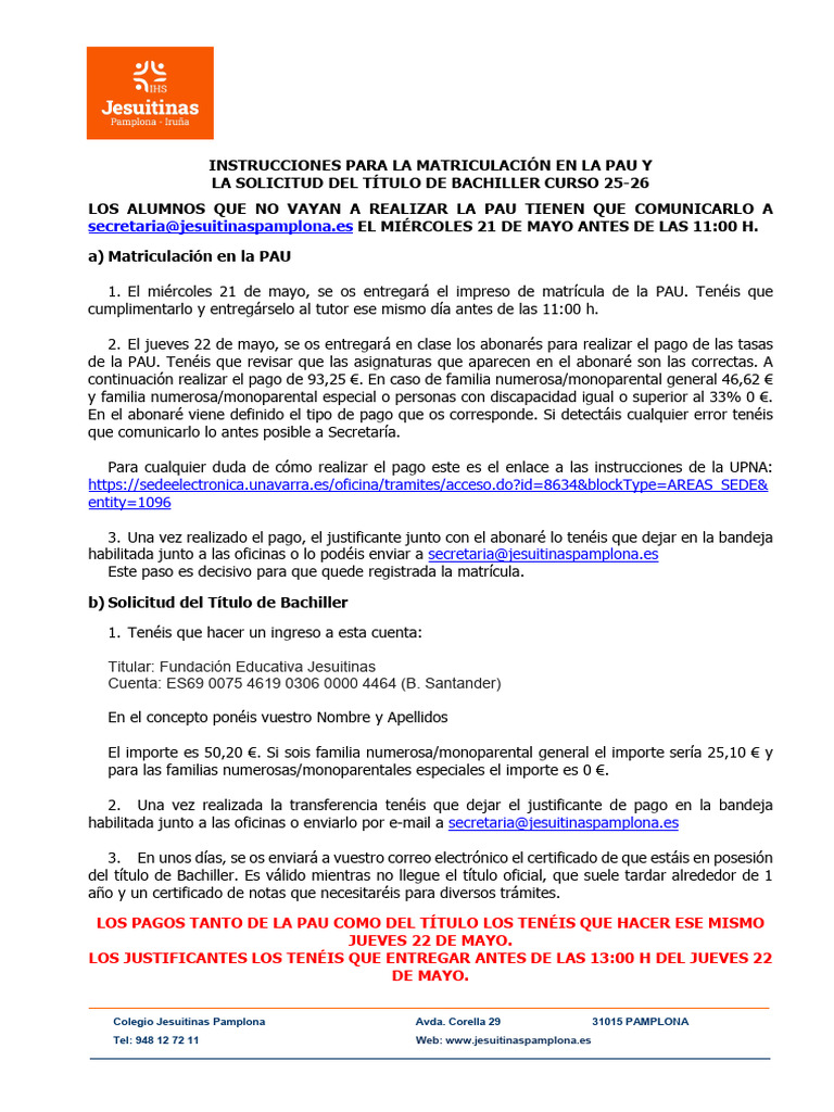 Instrucciones de Pago PAU y Título Bachiller | PDF