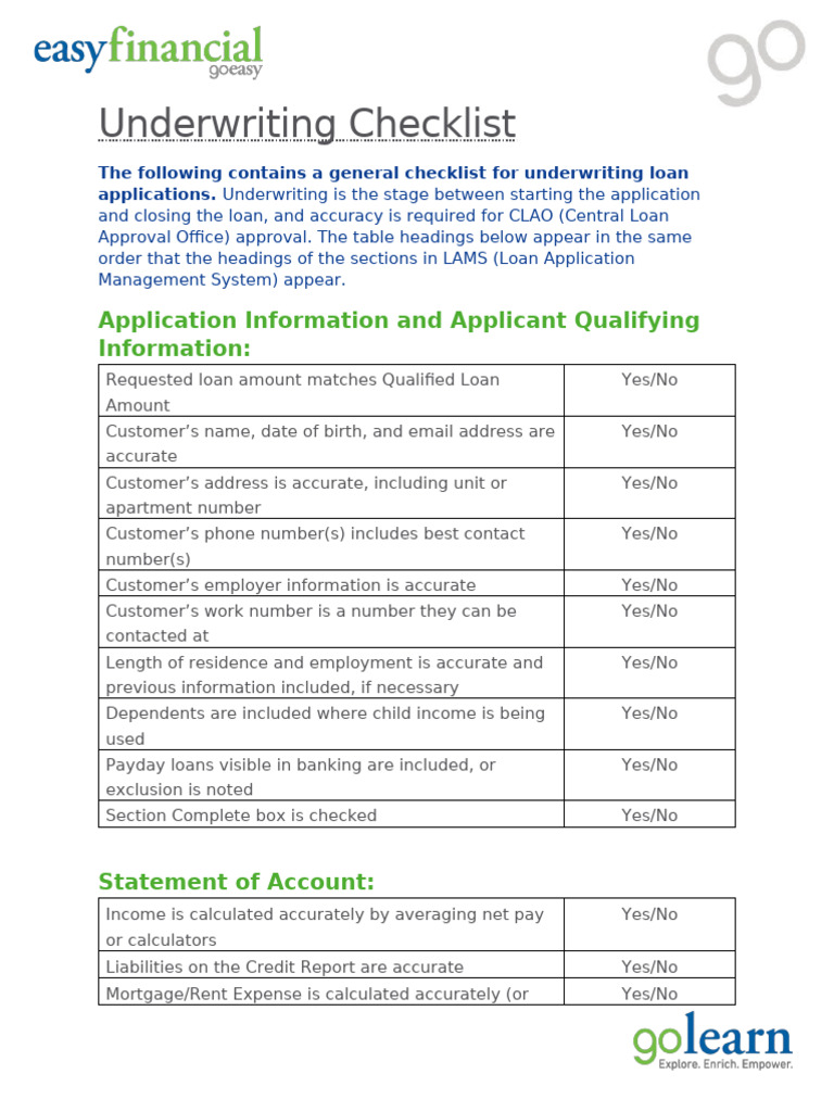 Application Underwriting Checklist | PDF | Banks | Underwriting