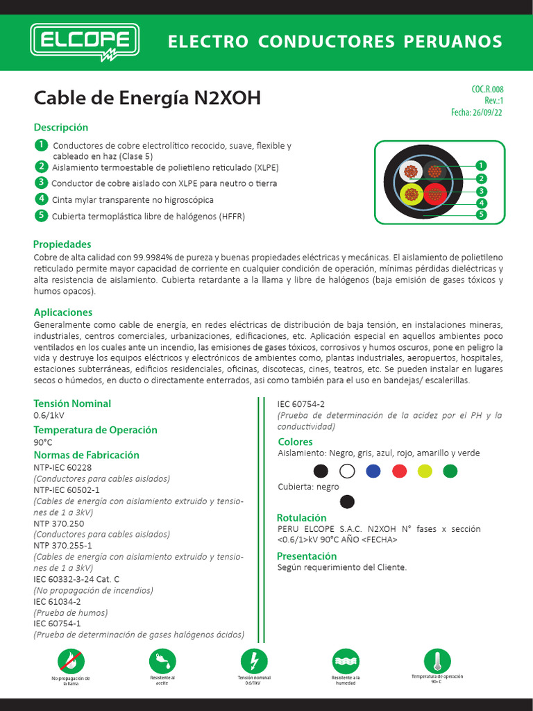 Cable de Energía N2XOH 0.6/1kV 90°C | PDF | Aislador (Electricidad) | Cobre
