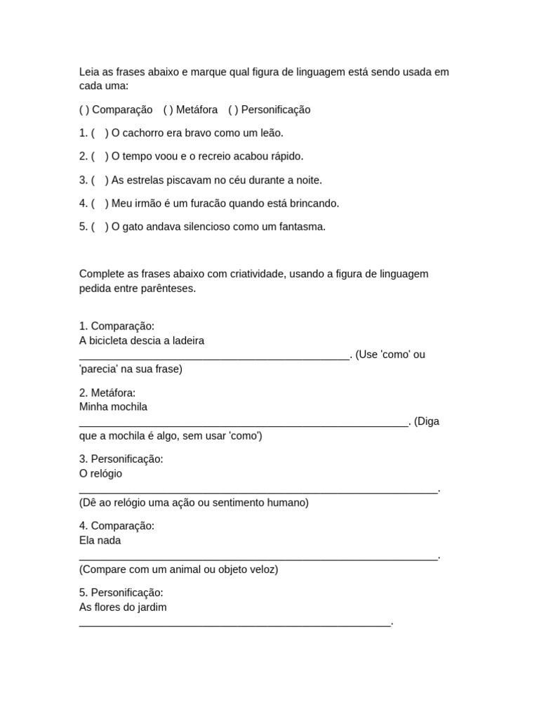 Figuras de Linguagem: Exercícios 6º Ano | PDF