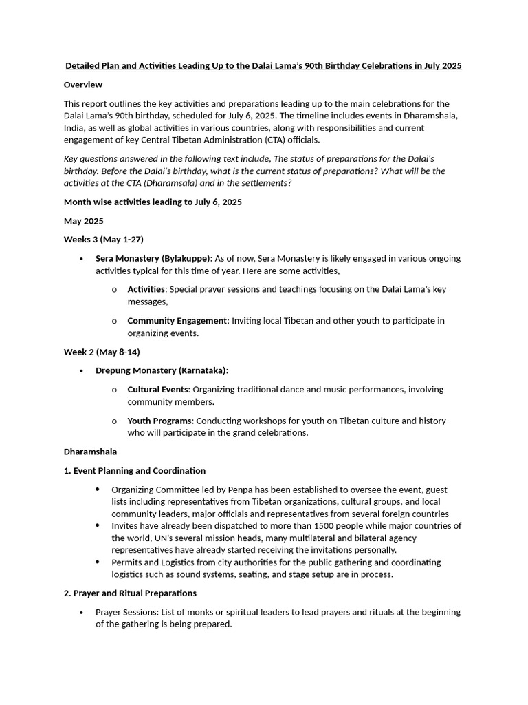 Detailed Plan Leading Up To July 6 | PDF | Tibetan Buddhism | Dalai Lama