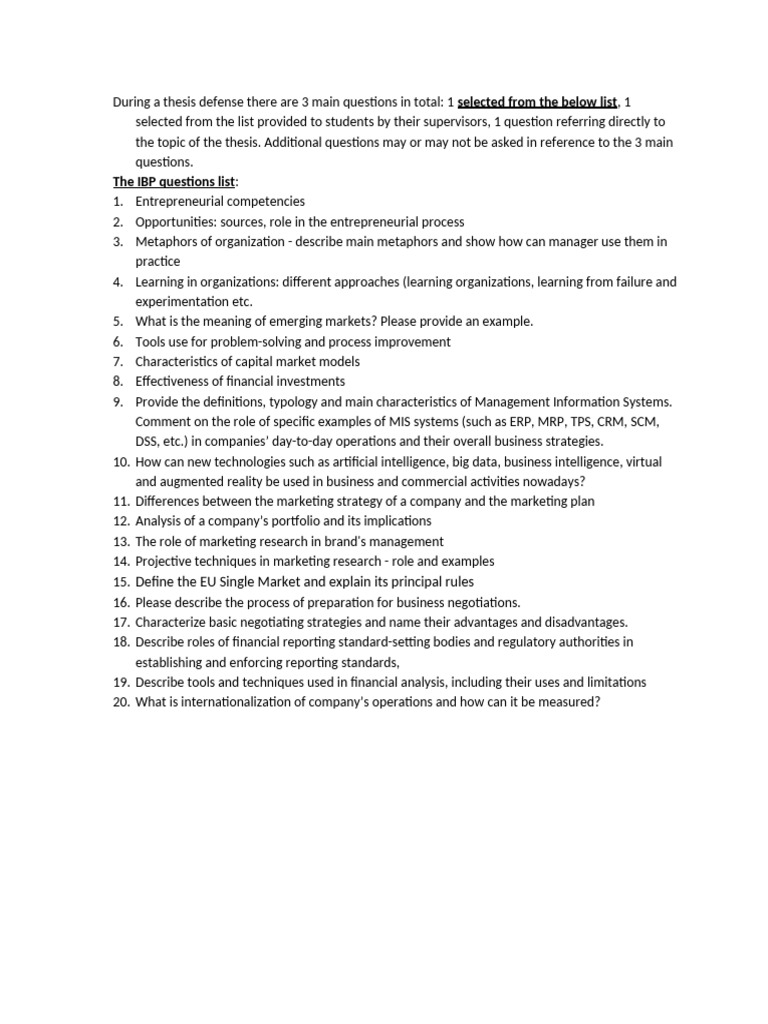 IBP Thesis Defense Questions Pytania Kierunkowe Na Obrone | PDF