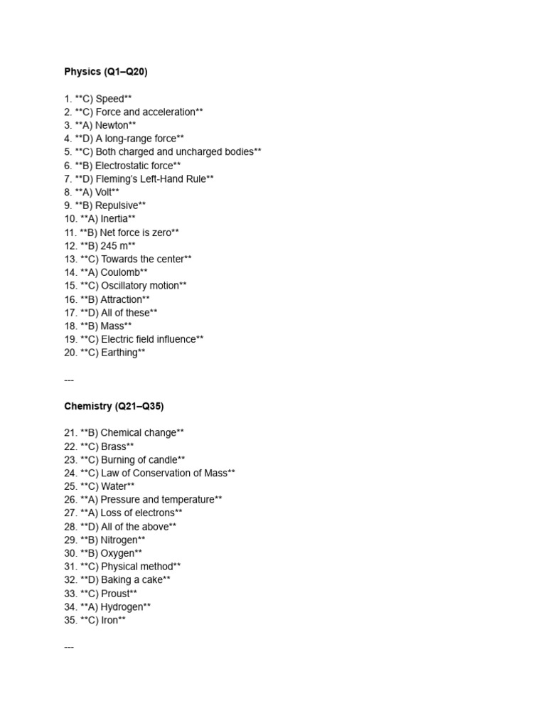Science Full Length 1 Answer Key | PDF