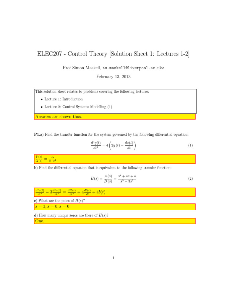 Control Theory Solutions for Lectures 1-2 | PDF | Telecommunications ...