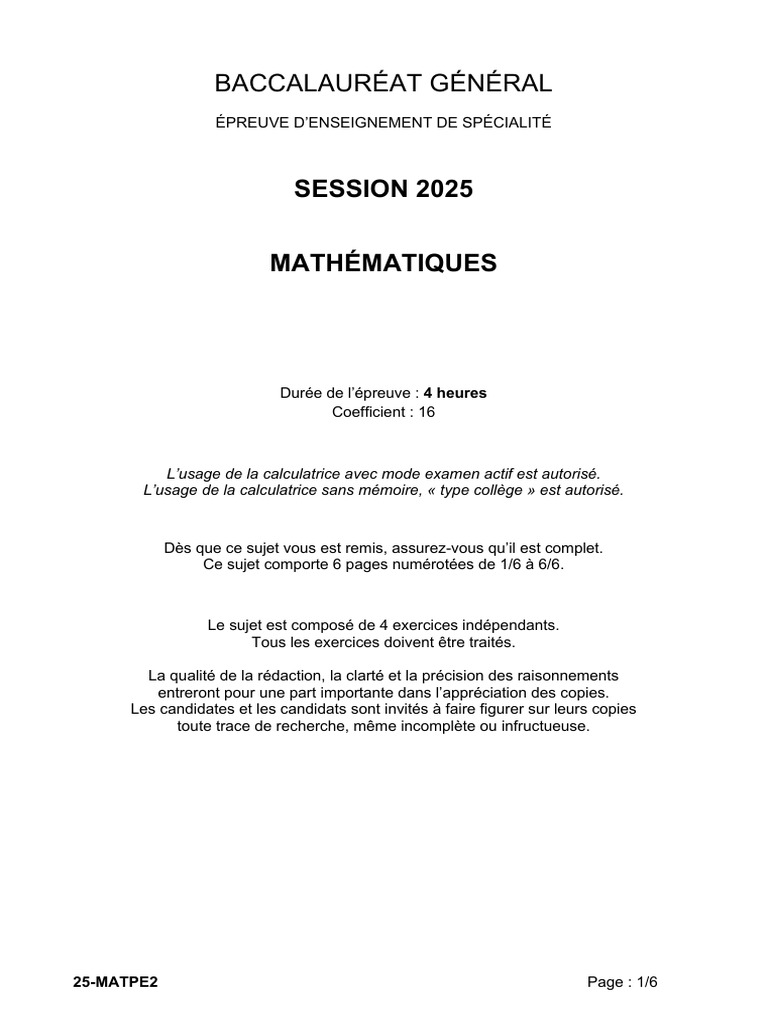Sujets de Maths Bac 2025 Amérique du Nord | PDF | Séquence | Fonction ...