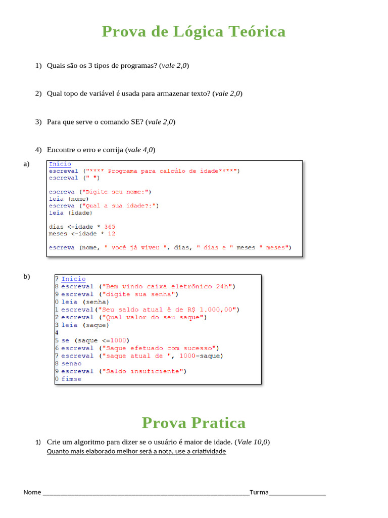 Prova de Lógica e Algoritmos | PDF