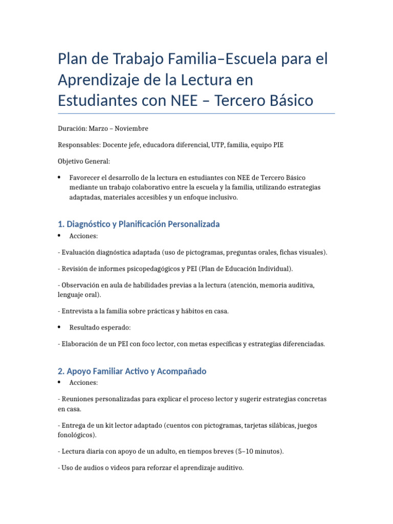Plan de Trabajo para Lectura Inclusiva NEE | PDF | Salón de clases ...