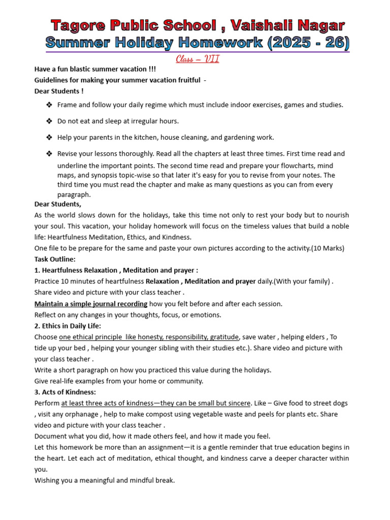 Holiday Homework - VII 2025-26 | PDF