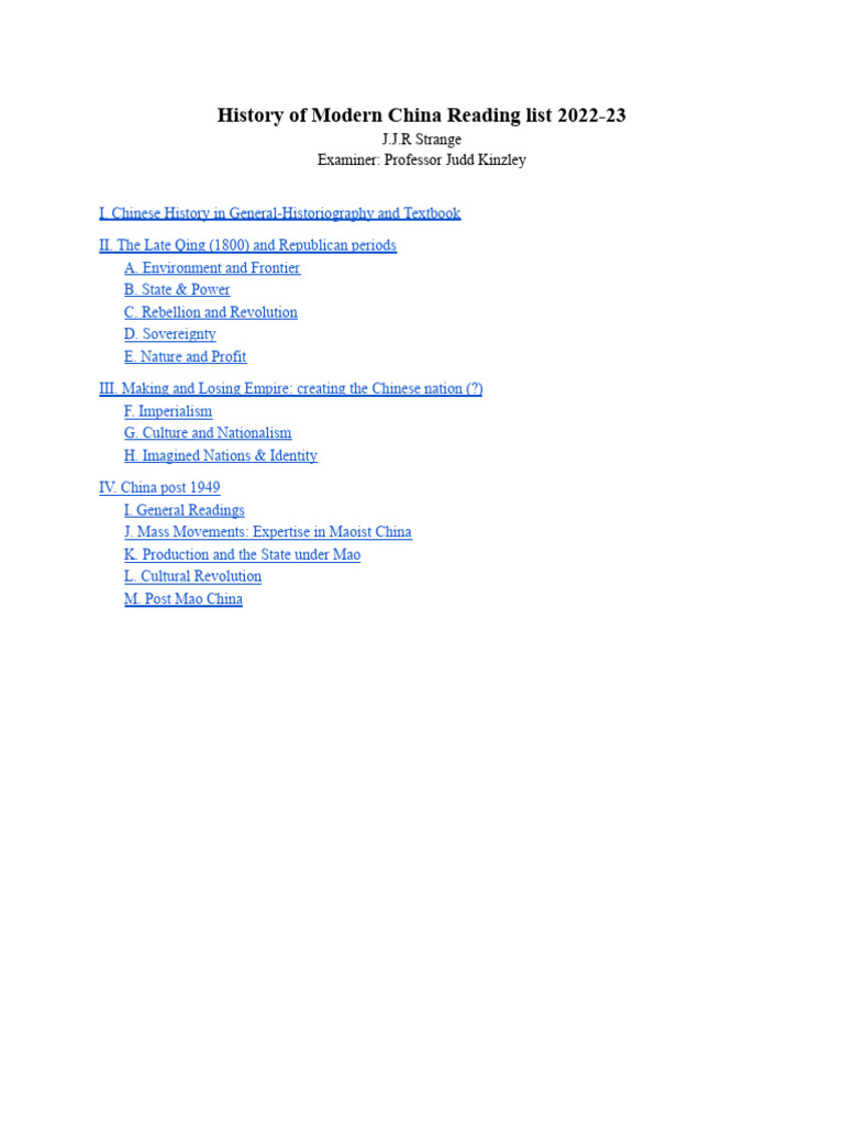 Modern China History Reading List 2022-23 | PDF | China | World Politics