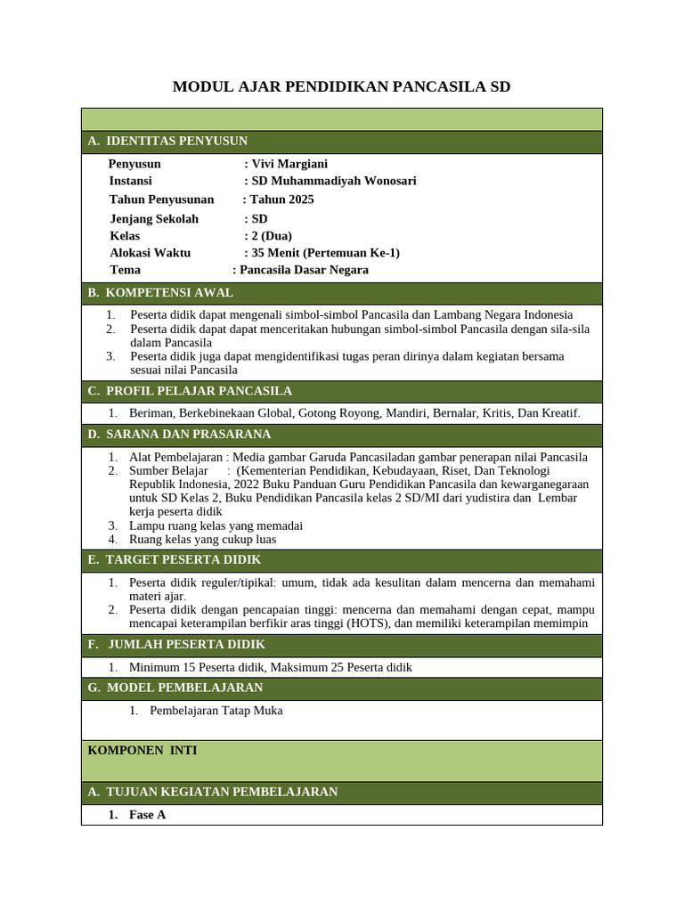 Modul Ajar Pendidikan Pancasila Sd.1 | PDF
