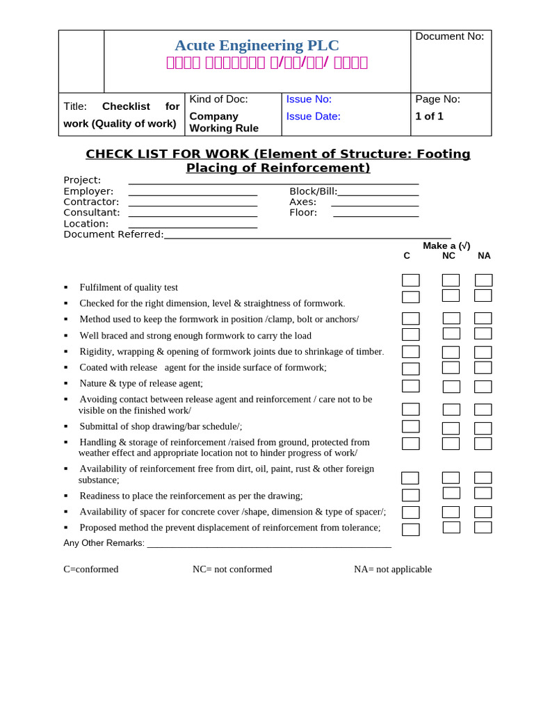 Quality Checklist for Footing Reinforcement | PDF