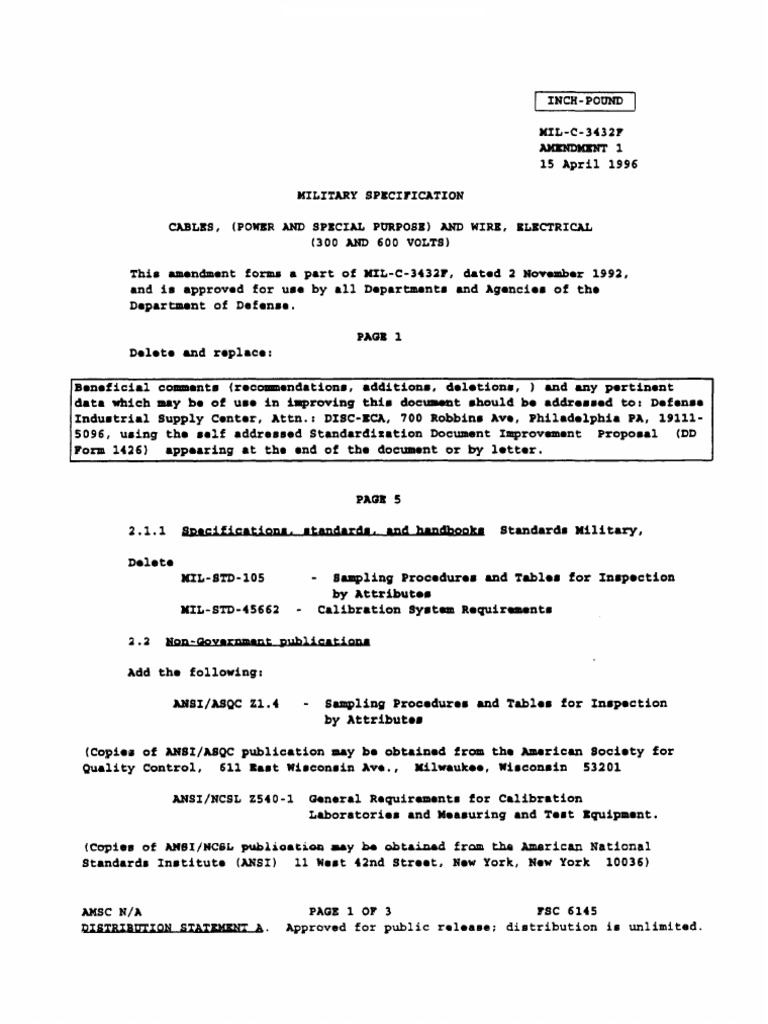 Amendment to MIL-C-3432F Specifications | PDF | Materials | Electrical ...
