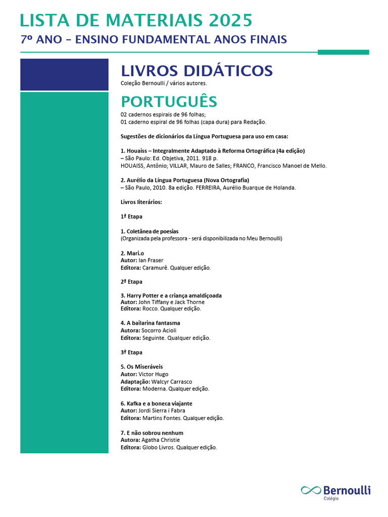Materiais 7º Ano 2025 | PDF