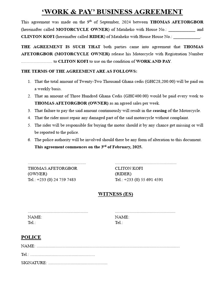 Motorcycle Work and Pay Agreement | PDF