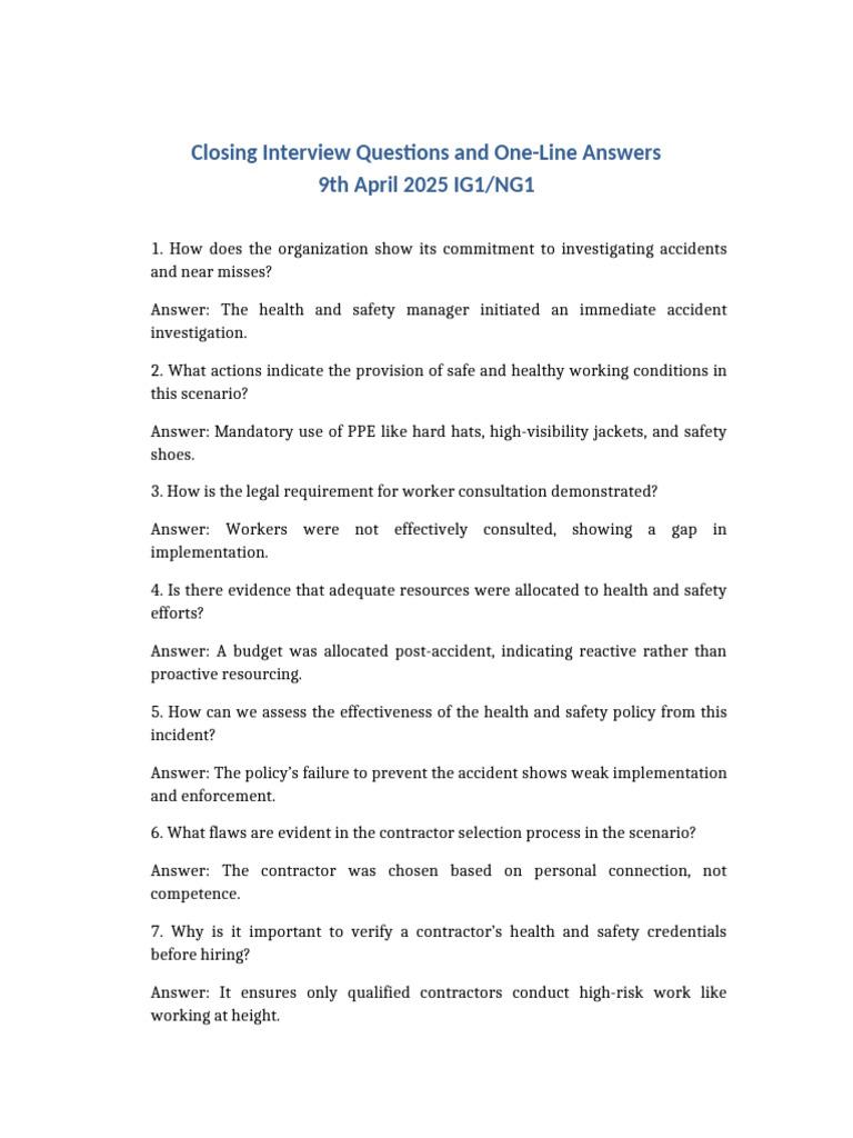 Closing Interview Questions Overview | PDF | Occupational Safety And ...
