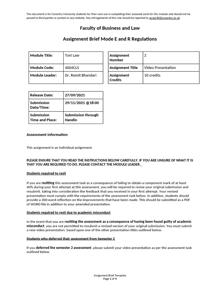 Coventry University Tort Law Video Assignment | PDF | Plagiarism ...