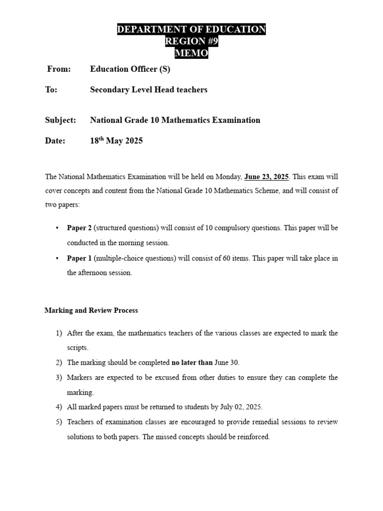 Grade 10 Maths Exam Memo 2025 | PDF