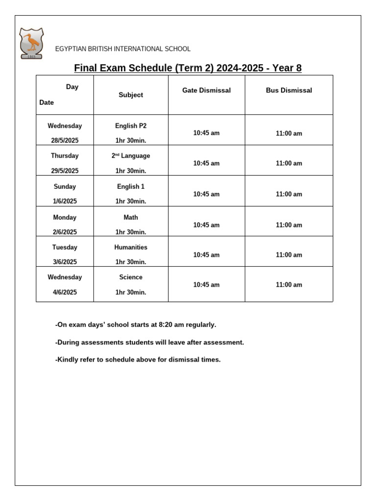 Final Exam Schedule (Term 2) 2024-2025 - Year 8: Day Date Subject Gate ...