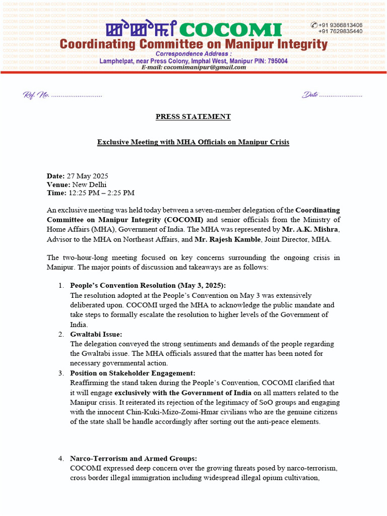 COCOMI Statement On Meeting MHA | PDF | International Relations ...