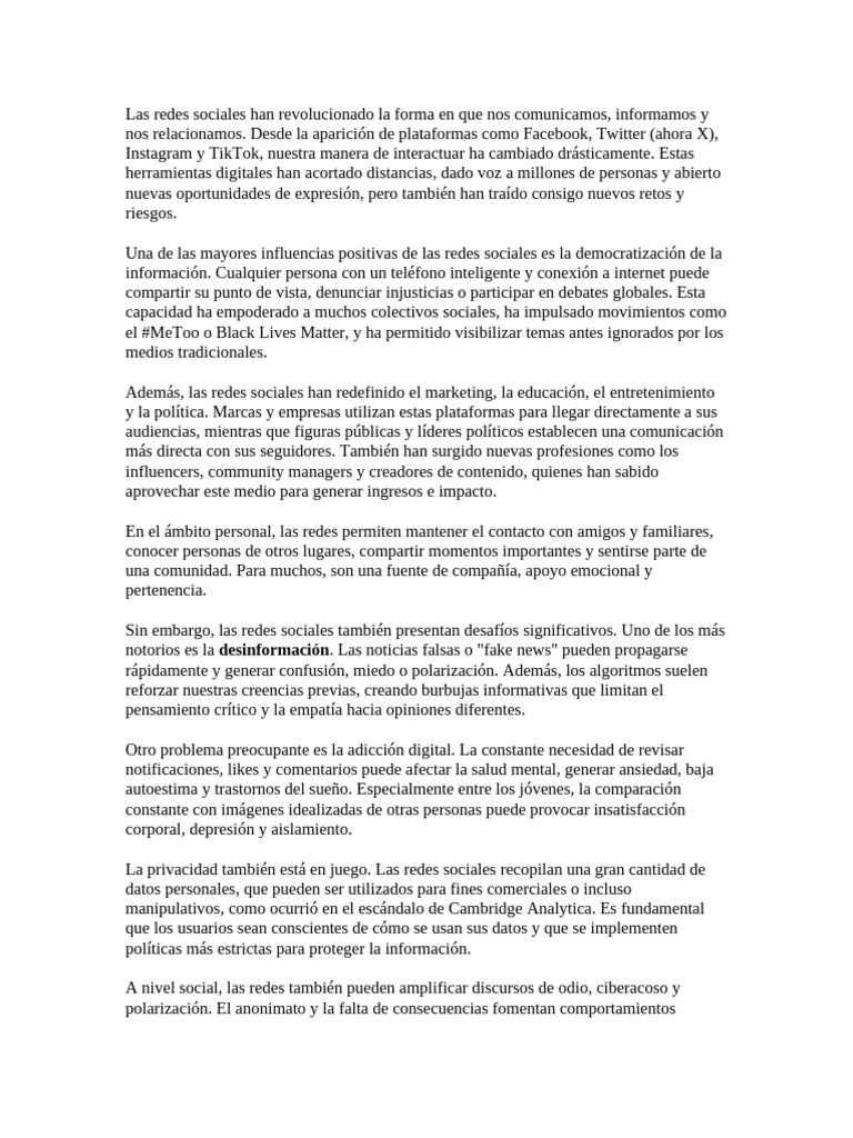 Redes Sociales y Su Influencia en La Sociedad | PDF | Servicio de redes ...