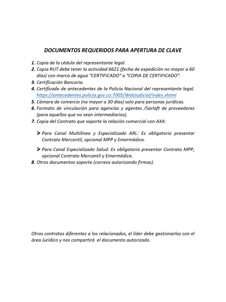 Documentos Solicitados para Apertura de Clave | PDF