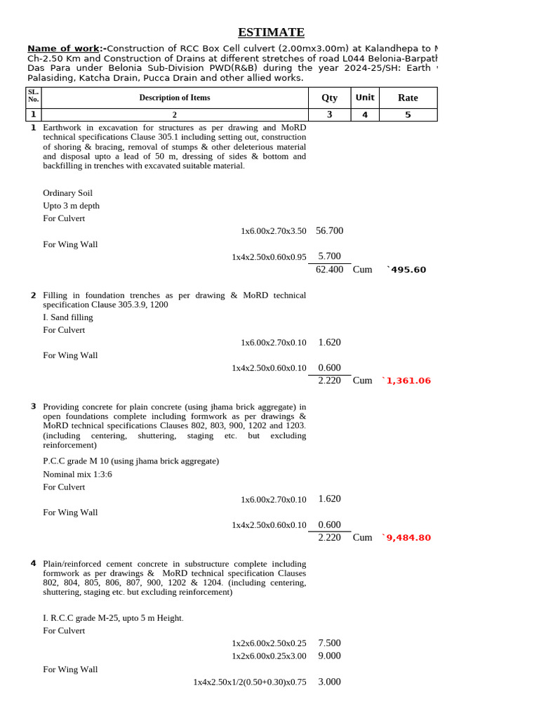 RCC Box Cell Culvert Construction Estimate | PDF | Concrete | Road Surface