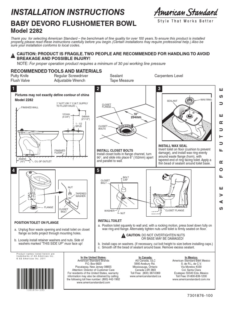 Installation Instructions: Baby Devoro Flushometer Bowl | PDF | Tornillo
