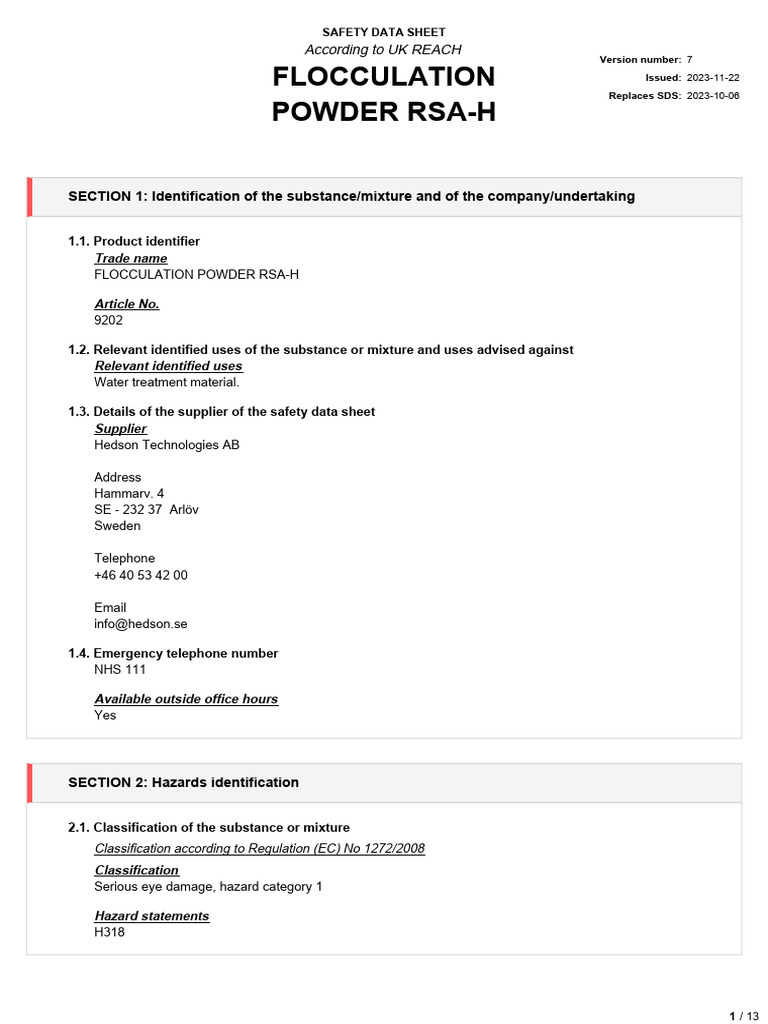 SDS - FLOCCULATION POWDER RSA HEn UK | PDF | Toxicity | Environmental ...